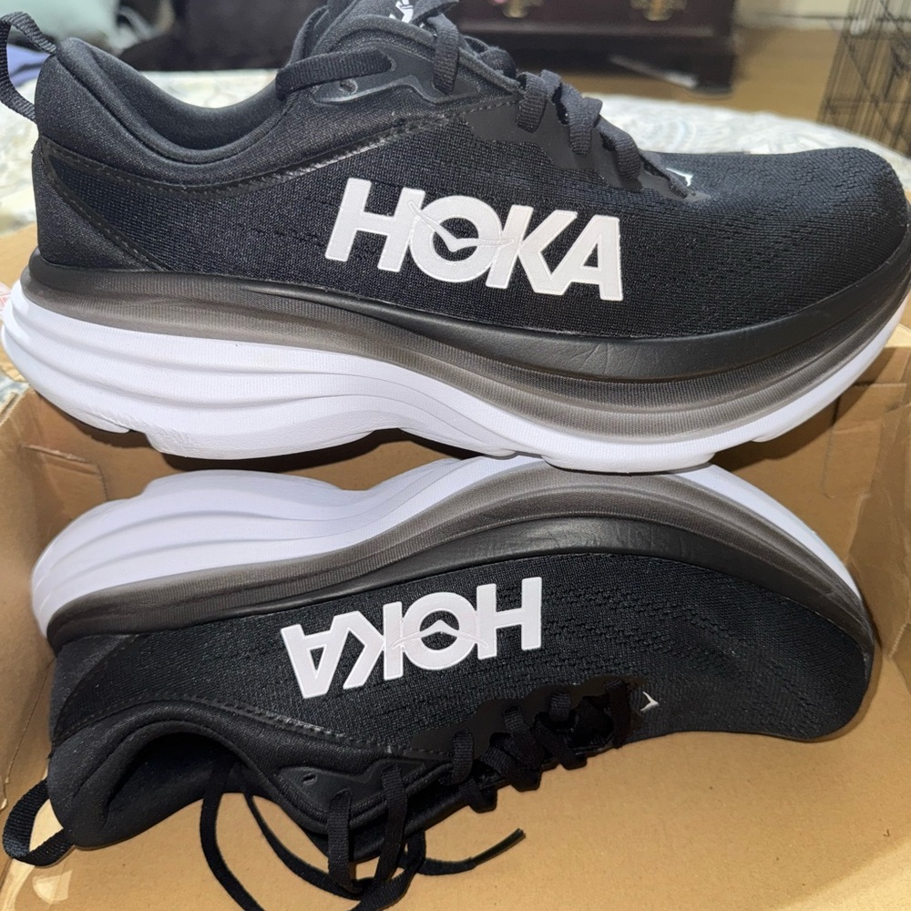 Hoka Bondi 8 Black and White Athletic Sneakers